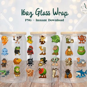 May include: Three clear 16oz glass wrap tumblers with bamboo lids and straws, each adorned with colorful cartoon animal stickers. The text "16oz Glass Wrap" and "PNG - Instant Download" are visible. The stickers include an octopus, frog, and shark.