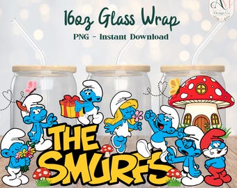 Blue Cartoon Friends 16oz Glass Wrap PNG - DIGITAL DOWNLOAD