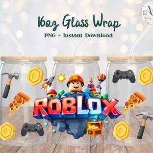 May include: Three clear 16oz glass tumblers with bamboo lids and glass straws, featuring a digital wrap design with a Roblox character, the Roblox logo, gold coins, hammers, pizza slices, game controllers, a rocket, and a treasure chest.
