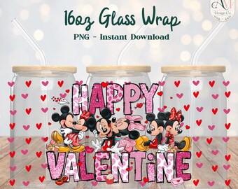 Papier d'emballage en verre de 16 oz inspiré de la Saint-Valentin de Disney Mouse PNG - TÉLÉCHARGEMENT NUMÉRIQUE