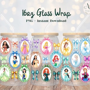 May include: Three clear glass wrap tumblers with lids and straws, each decorated with princess illustrations in oval frames. The tumblers feature bows in various colours and the text "16oz Glass Wrap - PNG - Instant Download".