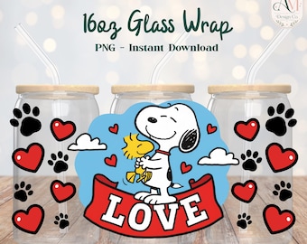 Emballage de verre de 16 oz inspiré de Snoopy PNG - TÉLÉCHARGEMENT NUMÉRIQUE