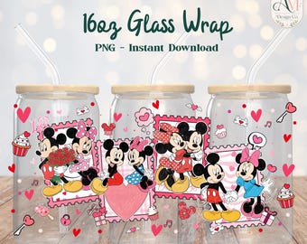 Papier d'emballage en verre de 16 oz inspiré de la Saint-Valentin de Disney Mouse PNG - TÉLÉCHARGEMENT NUMÉRIQUE