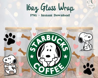 Emballage de verre de 16 oz inspiré de Snoopy PNG - TÉLÉCHARGEMENT NUMÉRIQUE