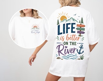 Comfort Colors Life is Better on the River Graphic Tee, Vintage Mountain Sunset Shirt
