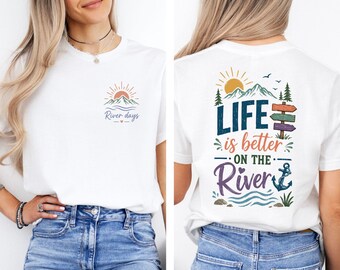Life is Better on the River Graphic Tee, Mountains, Sun, Anchor Boat Shirt