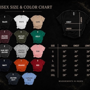 K&ouml;nnte beinhalten: Eine Unisex-Gr&ouml;&szlig;en- und Farbtabelle f&uuml;r T-Shirts. Die Tabelle zeigt verschiedene T-Shirt-Farben, darunter Schwarz, Wei&szlig;, Sand und Marine. Die Ma&szlig;e sind in Zoll f&uuml;r Breite, Brust und L&auml;nge angegeben, von Gr&ouml;&szlig;e S bis 3XL.