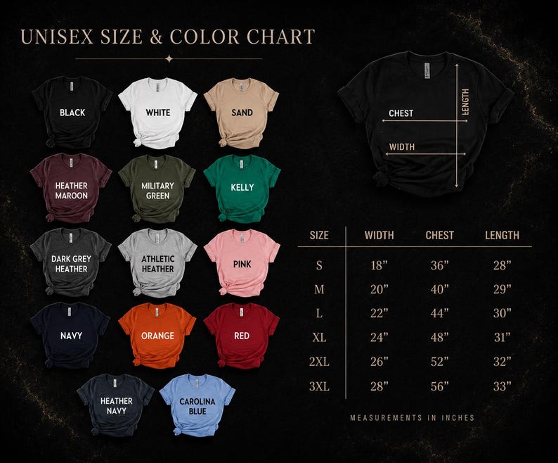 K&ouml;nnte beinhalten: Eine Unisex-Gr&ouml;&szlig;en- und Farbtabelle f&uuml;r T-Shirts. Die Tabelle zeigt verschiedene T-Shirt-Farben, darunter Schwarz, Wei&szlig;, Sand und Marine. Die Ma&szlig;e sind in Zoll f&uuml;r Breite, Brust und L&auml;nge angegeben, von Gr&ouml;&szlig;e S bis 3XL.