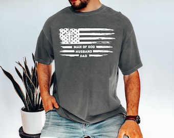 Man of God Husband Dad Christian Flag Cross Shirt, Vintage Comfort Colors Tee