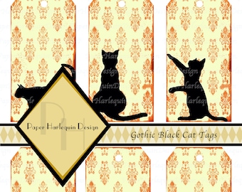 Gothic Black Cat Damask Tags DIGITAL DOWNLOAD