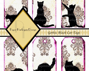 Gothic Black Cat Damask Burlap DIGITAL Tags