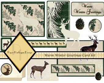 Winter Forest Christmas DIGITAL Deer and Evergreen Greeting Card Kit