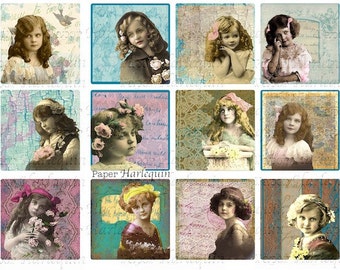 Digital Download Pretty Edwardian Darlings Set of 12 2.5" SQUARES for ATC, Scrapbook, Decoupage, Cards, Invites