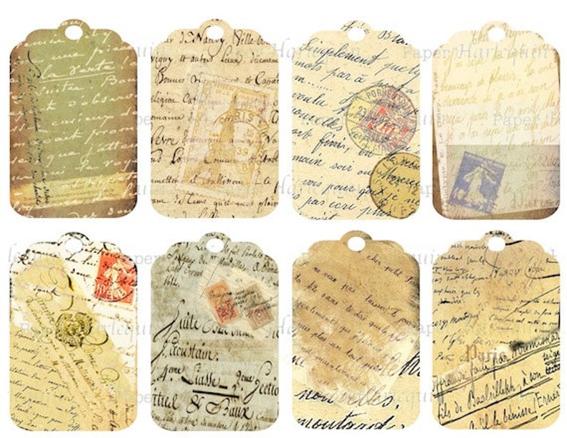 French Script Digital Collage Vintage Style TAGS for Cards, ATC, Scrapbooks, Invites, Albums image 1