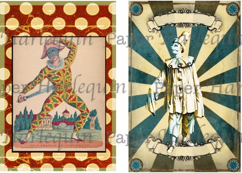 Harlequin Pierrot Printable DIY Vintage Style Set of eight TAGS Decoupage Gift Cards Journal ACEO Altered Art image 5