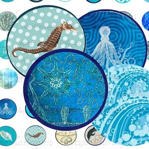 May include: A set of blue and white patterned circles with various sea life illustrations, including a seahorse, octopus, starfish, and waves. The circles are perfect for scrapbooking, card making, or other craft projects.