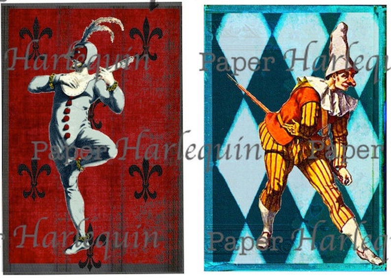 Harlequin Pierrot Printable DIY Vintage Style Set of eight TAGS Decoupage Gift Cards Journal ACEO Altered Art image 4