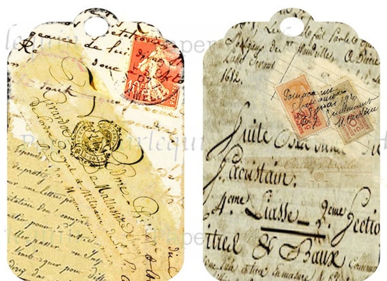 French Script Digital Collage Vintage Style TAGS for Cards, ATC, Scrapbooks, Invites, Albums image 2