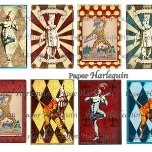 Harlequin Pierrot Printable DIY Vintage Style Set of eight TAGS Decoupage Gift Cards Journal ACEO Altered Art image 3