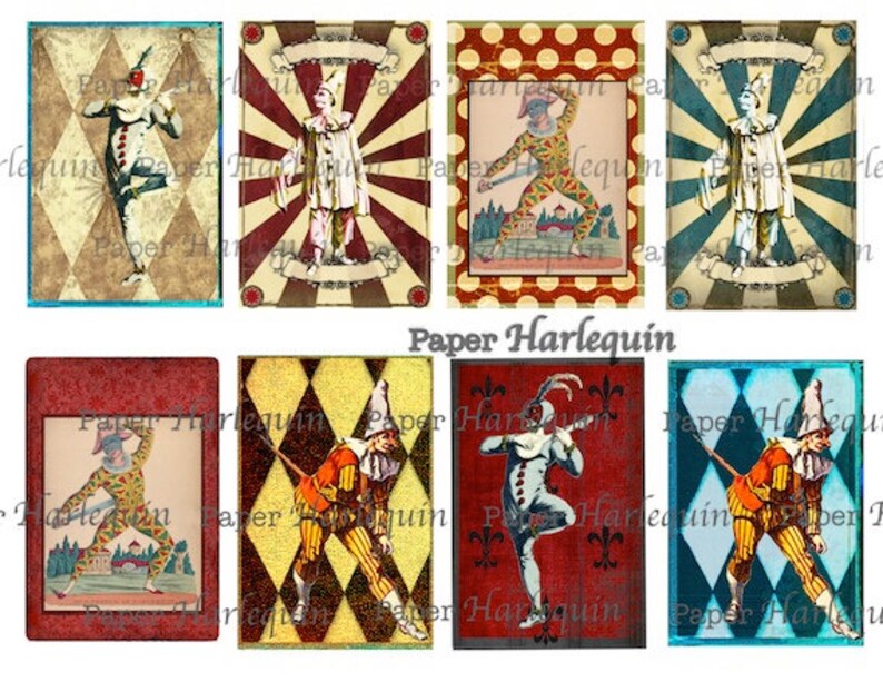 Harlequin Pierrot Printable DIY Vintage Style Set of eight TAGS Decoupage Gift Cards Journal ACEO Altered Art image 3