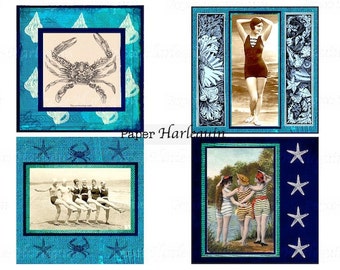 Seashore Nautical Vintage Bathing Beauties 4x4 Square Tile Coasters Printable DIY