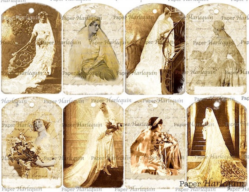 Wedding Bride Shower Antique TAG Digital Collage SET of 8 UNIQUE Gift Album Scrapbook Cards image 1