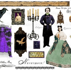 Gothic Poe's Raven PRINTABLE Fussy Cuts Collage sheet for ALTERED Art, Mixed-Media, Invites, Scrapbook, Decoupage