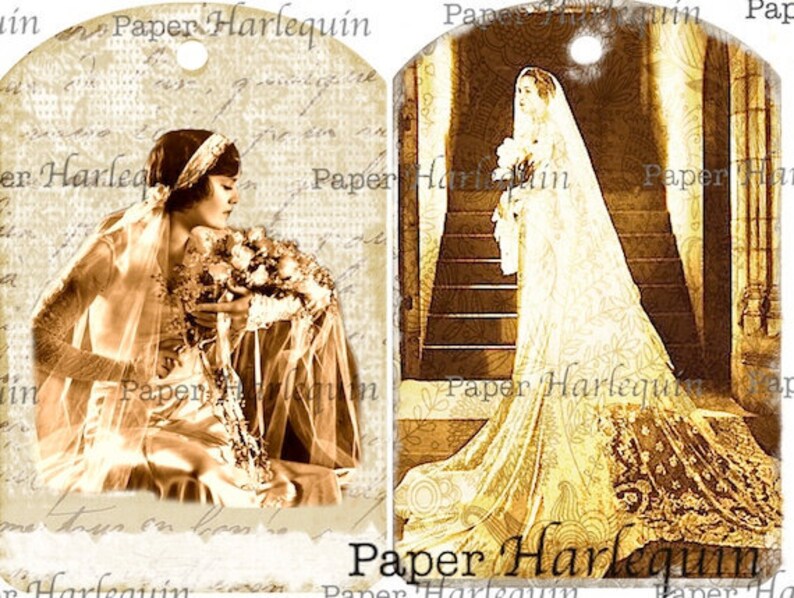 Wedding Bride Shower Antique TAG Digital Collage SET of 8 UNIQUE Gift Album Scrapbook Cards image 3