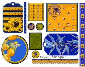 Scrapbook Digital Printable Provencal Gold, Blues, Yellows and Olives Collage Sheet South of France