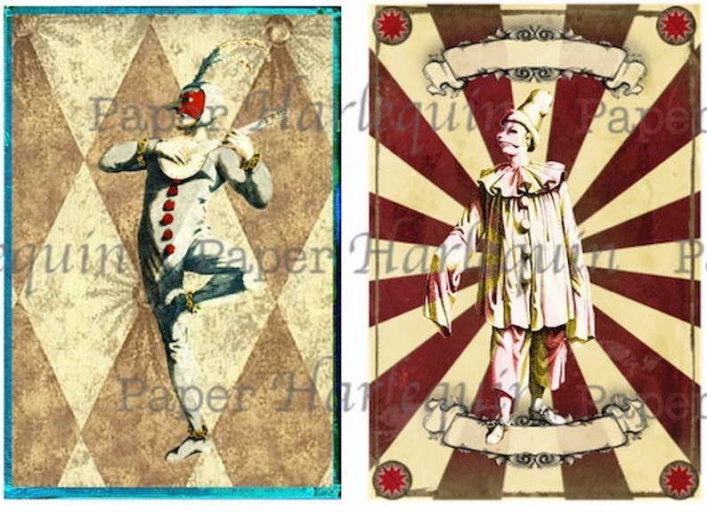 Harlequin Pierrot Printable DIY Vintage Style Set of eight TAGS Decoupage Gift Cards Journal ACEO Altered Art image 2