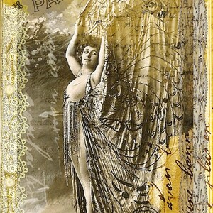 May include: A vintage sepia-toned photograph of a woman in a flowing gown, holding a large fan. The image is overlaid with a decorative lace border and a stamp that reads "PARIS".