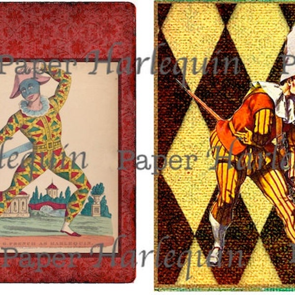 Harlequin Pierrot Printable DIY Vintage Style Set of eight TAGS Decoupage Gift Cards Journal ACEO Altered Art