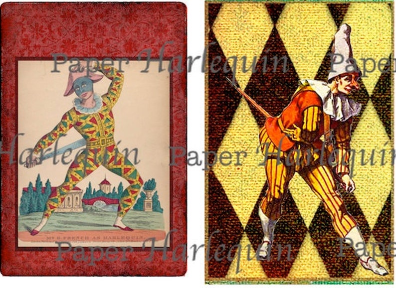 Harlequin Pierrot Printable DIY Vintage Style Set of eight TAGS Decoupage Gift Cards Journal ACEO Altered Art image 1