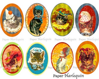 Vintage Cats in Crazy Hats Printable Digital Art DIY Oval Tags, ATC, Scrapbooking, Altered Art, Cards, Decoupage