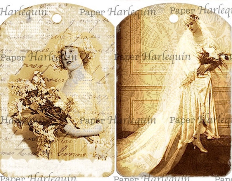 Wedding Bride Shower Antique TAG Digital Collage SET of 8 UNIQUE Gift Album Scrapbook Cards image 2