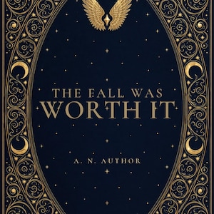 Premade Romantasy Book Cover, Gold Wings on Navy Filigree, Fallen Angel Ebook Design image 1