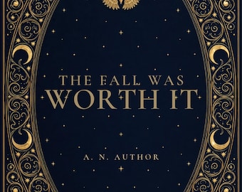 Premade Romantasy Book Cover, Gold Wings on Navy Filigree, Fallen Angel Ebook Design