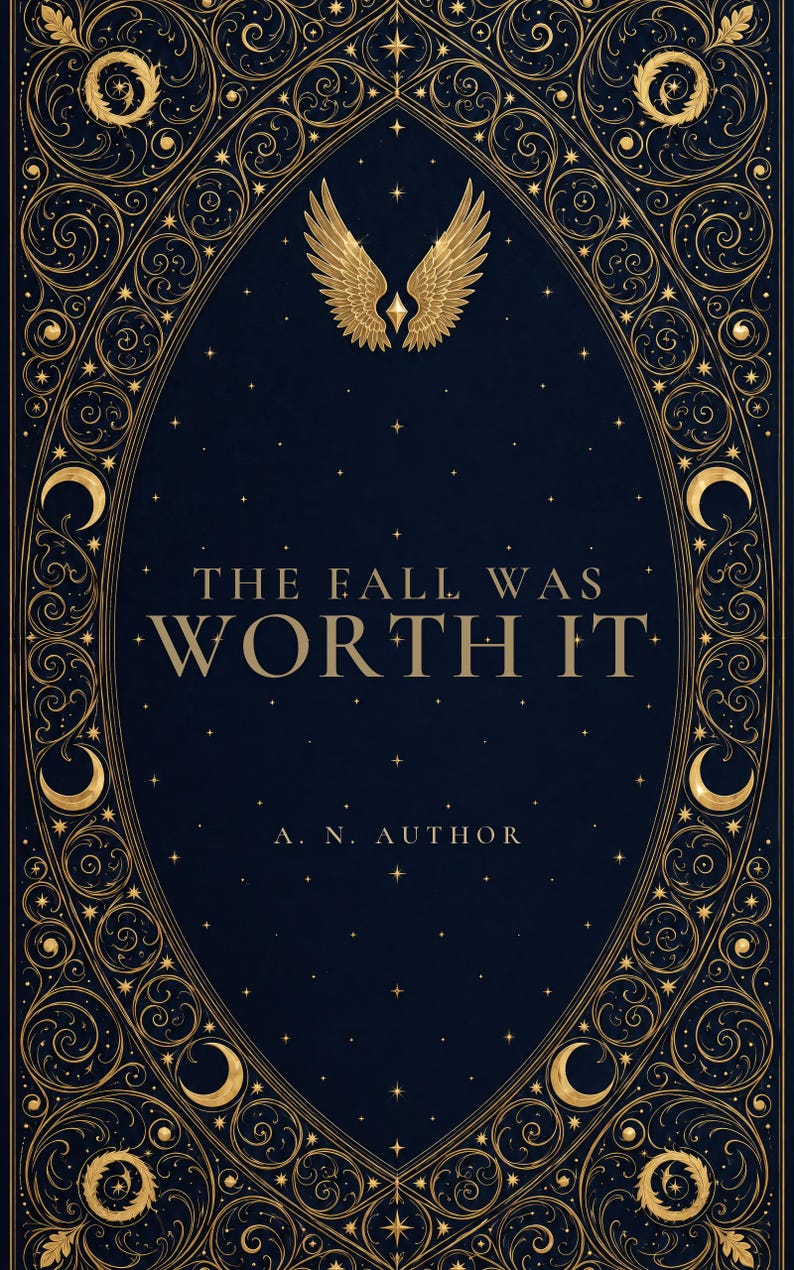 Premade Romantasy Book Cover, Gold Wings on Navy Filigree, Fallen Angel Ebook Design image 1
