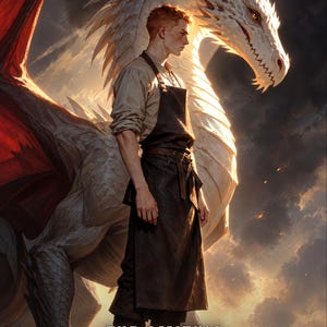 Premade Fantasy Book Cover, Blacksmith and White Dragon Art for Dragon Rider Authors image 1