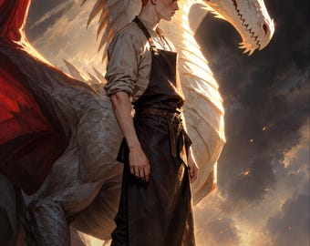 Premade Fantasy Book Cover, Blacksmith and White Dragon Art for Dragon Rider Authors