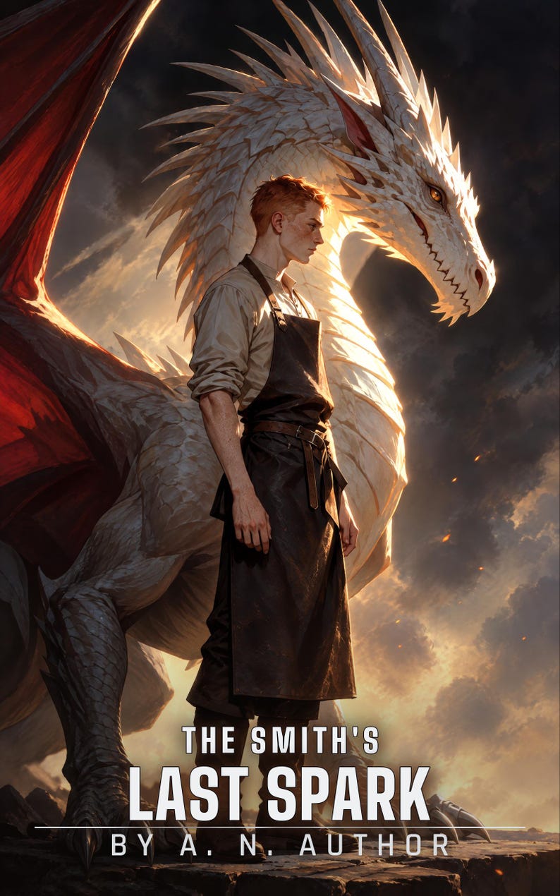 Premade Fantasy Book Cover, Blacksmith and White Dragon Art for Dragon Rider Authors image 1