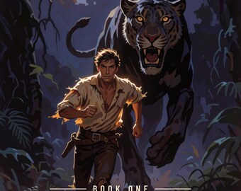 Copertina predefinita per libro d'avventura, "Uomo inseguito da una pantera nera" - Illustrazione per autori di romanzi d'azione nella giungla