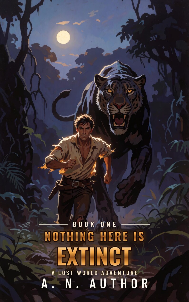 Premade Adventure Book Cover, Man Chased by Black Panther Art for Jungle Action Authors image 1