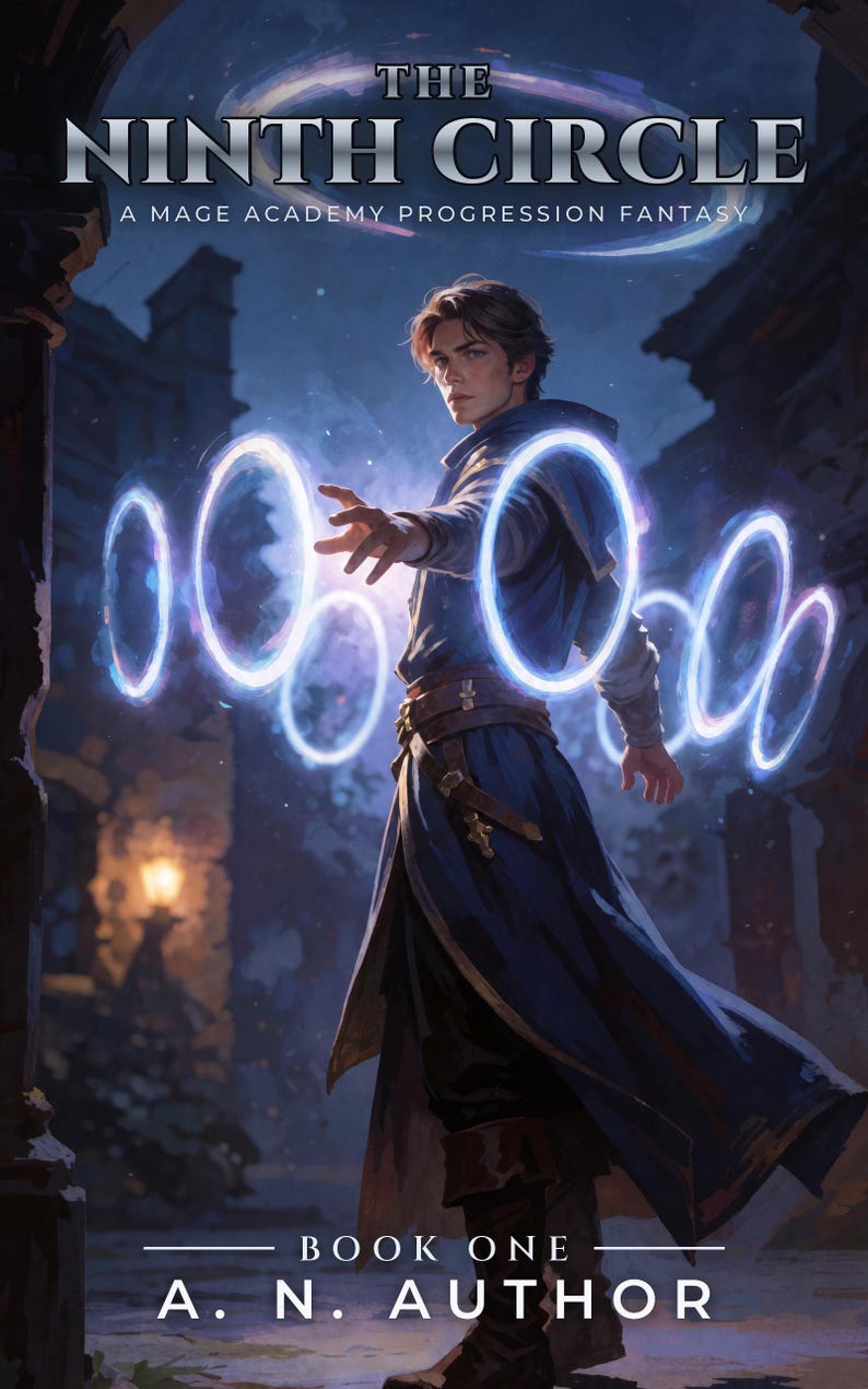 Premade Fantasy Book Cover, Young Mage Casting Spell Rings Art for Magic Academy Authors image 4