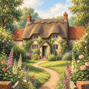 Premade Cozy Mystery Book Cover, Thatched Cottage Garden, English Village Ebook Design image 1
