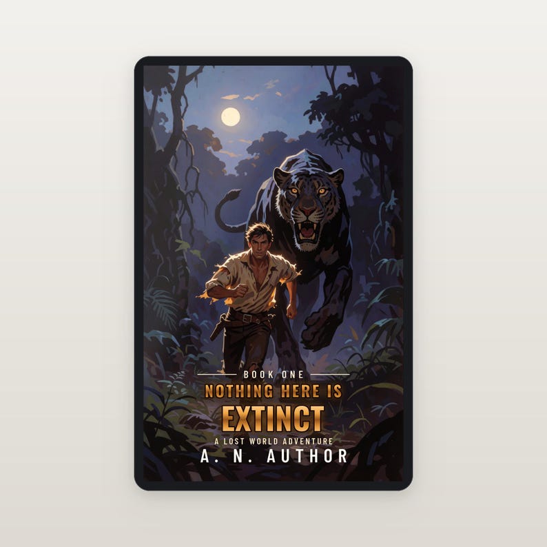 Premade Adventure Book Cover, Man Chased by Black Panther Art for Jungle Action Authors image 5