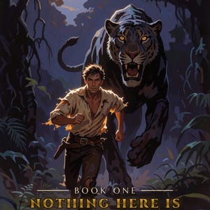 Premade Adventure Book Cover, Man Chased by Black Panther Art for Jungle Action Authors image 3