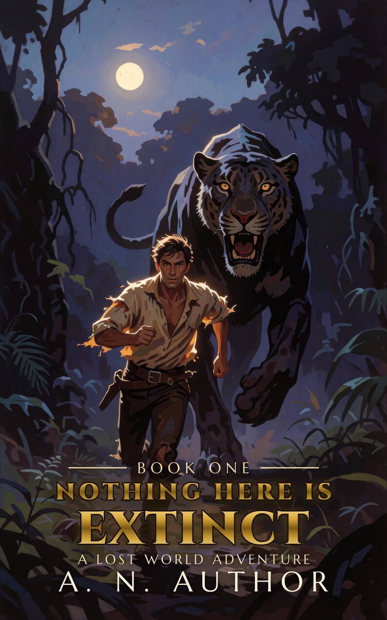 Premade Adventure Book Cover, Man Chased by Black Panther Art for Jungle Action Authors image 3