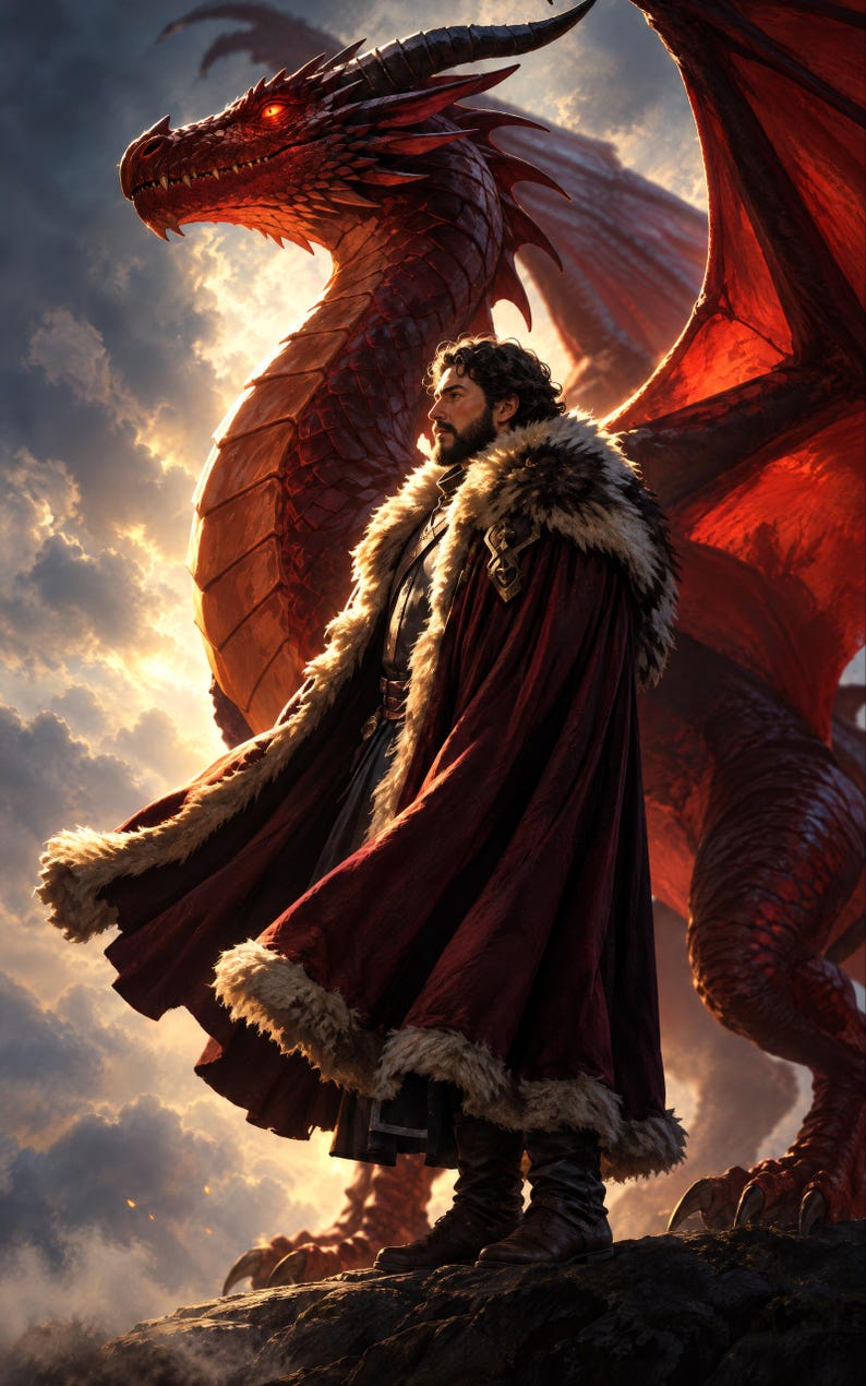 Premade Fantasy Book Cover, Cloaked Warrior and Red Dragon Art for Dragon Rider Authors image 3