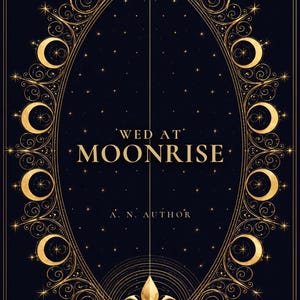 Premade Romantasy Book Cover, Gold Moons on Indigo Filigree, Fated Mates Ebook Design image 1